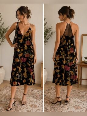 ASTR Velvet Burnout Floral Slip Dress Size Large Romantic Goth Midi Dress